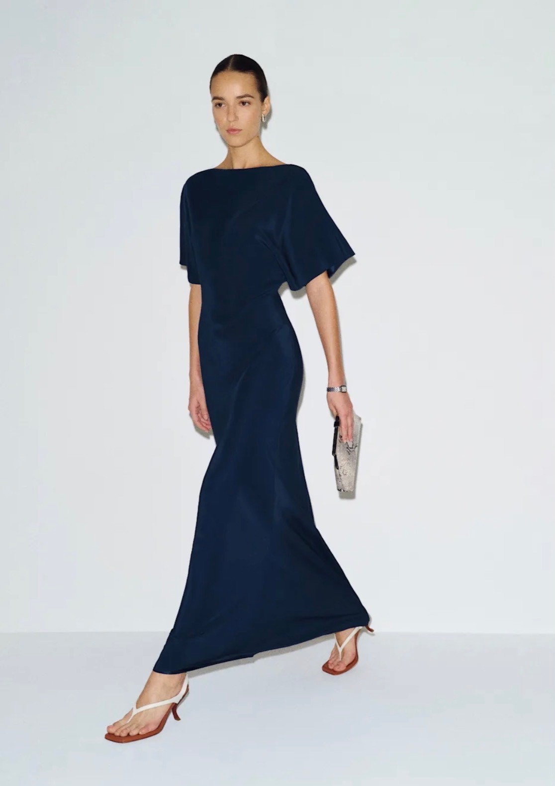 Navy satin gown with short sleeves