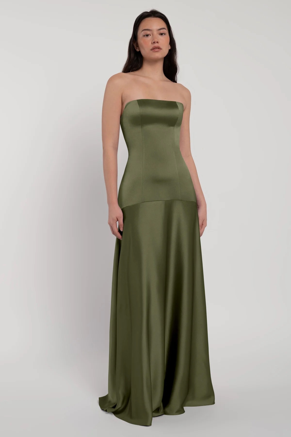 Olive satin strapless gown